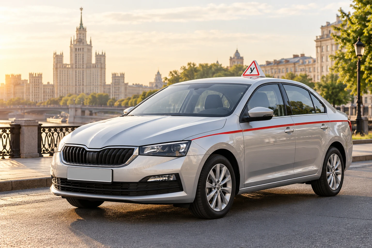 Серебристый учебный автомобиль со знаком У на спокойной московской улице